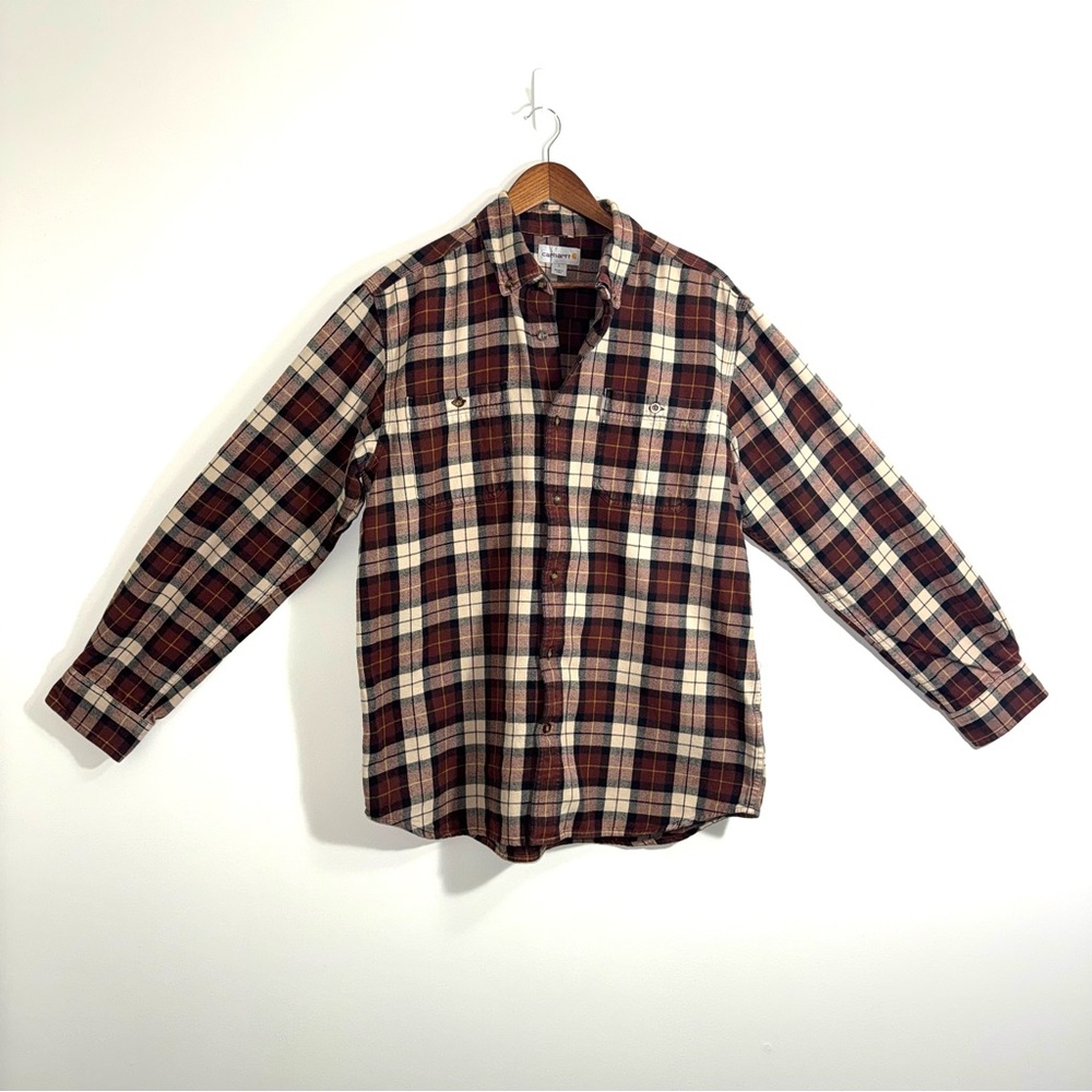 Carhartt Men's Flannel Relaxed  fit  Shirt - Brown and Cream 100% cotton - Large
